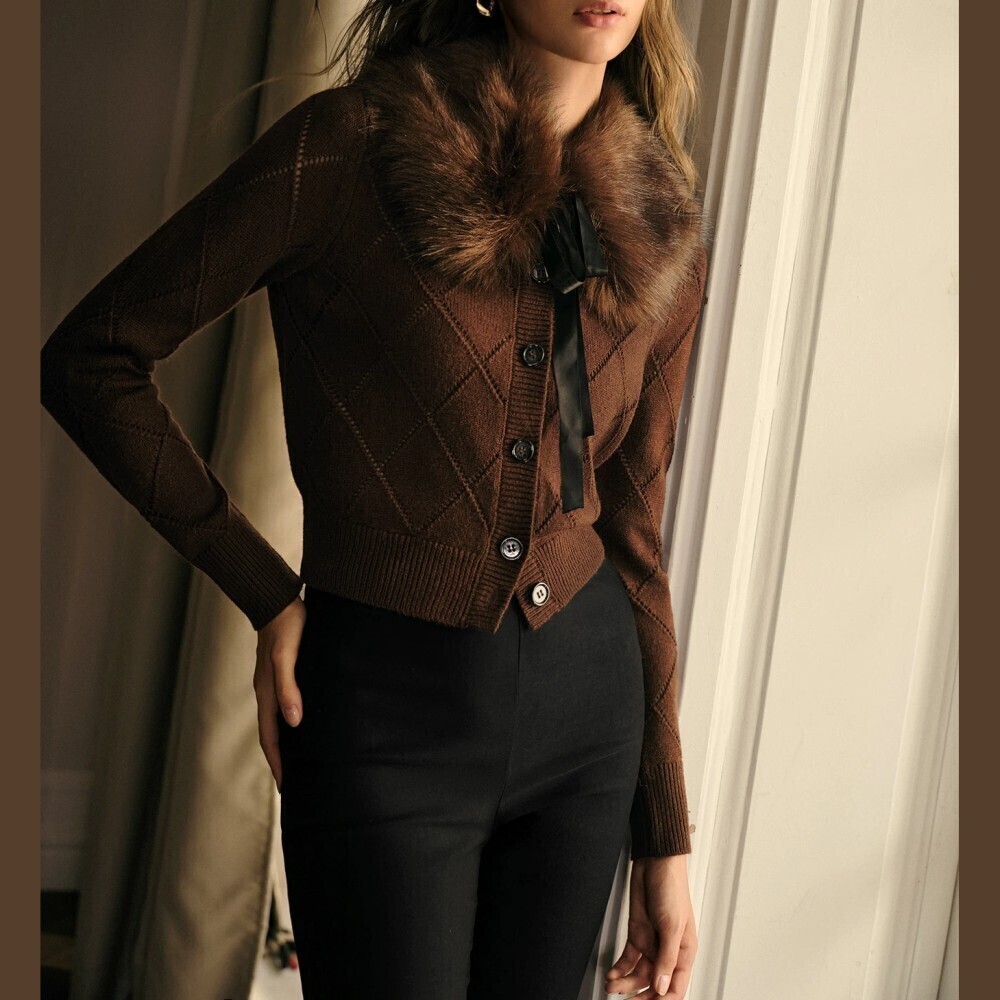 Brown Diamond Knit Faux Fur Collar Button Front Cardigan